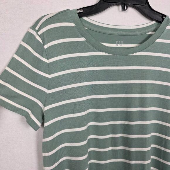 GAP Luxe L Green White Striped Short Sleeve Tee - Picture 2 of 6